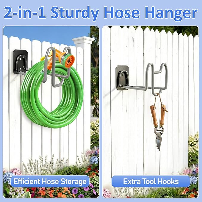 2pcs Garden Hose Holder with Tool Hook - Heavy Duty Water Hose Reel with Nozzle Storage Design, Wall Mount Hose Hanger Water Hose Holders for Outside Yard Storage