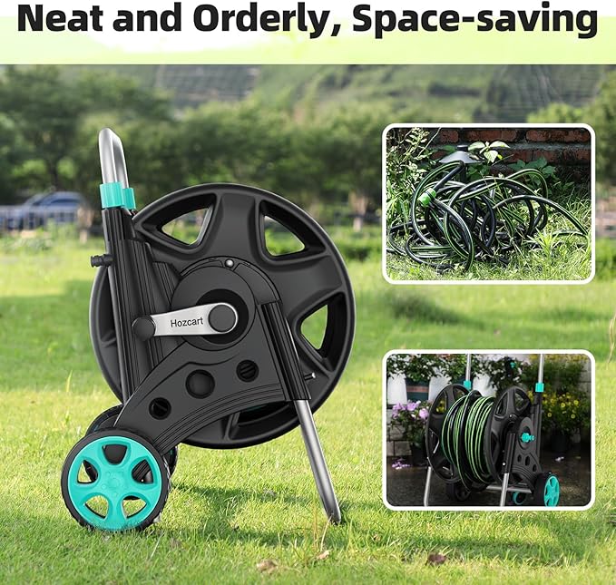 Garden Hose Reel for Outside,Hold Up to 100-120 ft of 5/8’’ Hose,Metal Hose Reel Cart with Adjustable Armrests and 2 Wheels,Durable Water Hose Holder for Garden, Yard, Lawn
