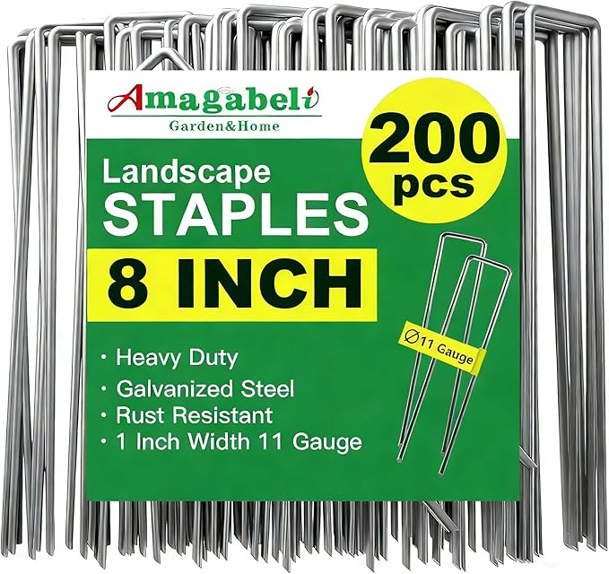 AMAGABELI GARDEN & HOME 200 Pack Galvanized Landscape Staples 8 Inch 11 Gauge Garden Staples Garden Stakes Plant Cover Stakes U-Shaped Landscape Stakes Landscape Pins for Weed Barrier Fabric