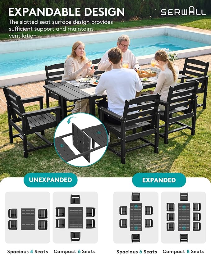 SERWALL 5-Piece Outdoor Table and Chairs, 60" - 83" Expandable Outdoor Dining Table with Aluminum Frame & HDPE Tabletop, All Weather HDPE Patio Furniture Set for Backyard, Garden, Black