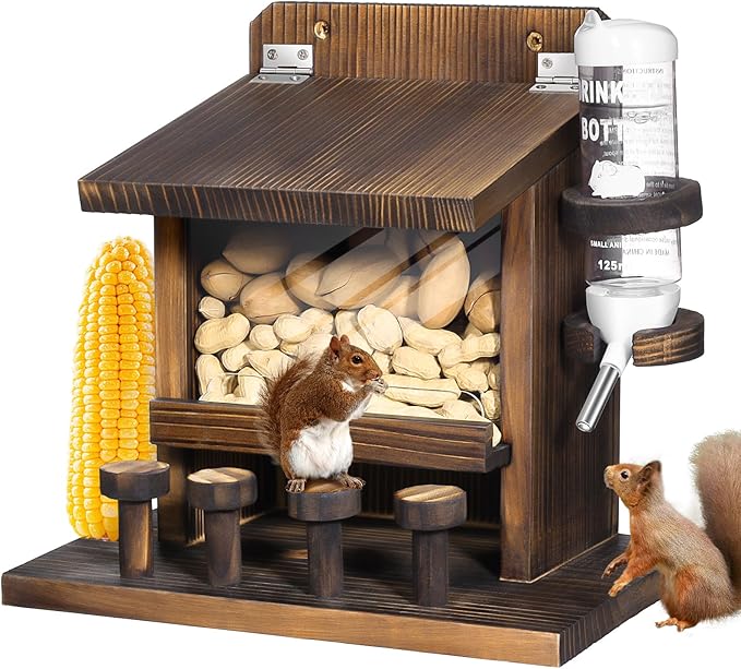 Squirrel Feeders for Outside, Wooden Squirrel Feeder Squirrel Houses for Outdoors Squirrel Picnic Table Feeder with Water Feeder for Peanuts Nuts Corn Cobs Holder