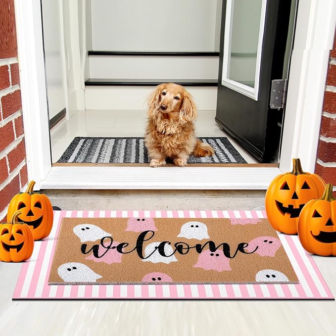 Tinideya 2 Pcs Halloween Door Mat Ghost Welcome Non Slip Coir Mats Pink White Stripe Floor Layering Doormats Seasonal for Front Porch Entryway Decor(Pink White Ghost)