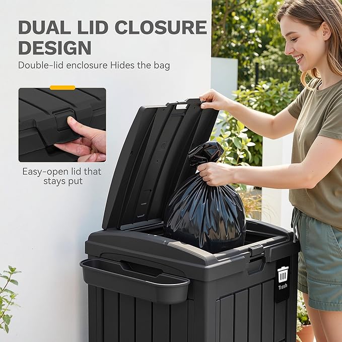 DWVO 38 Gallon Outdoor Trash Can, Set of 2 Resin Garbage Bins with Lids, Includes 2 Sorting Labels, Ash Holder, Stakes & Suction Cups, Hideaway Storage for Patio Backyard Garden, Black
