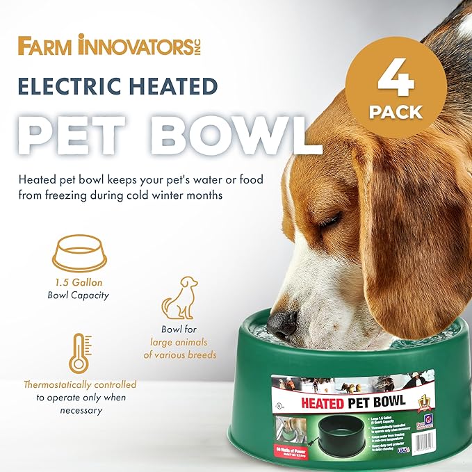 Farm Innovators P-60 1.5 Gallon 60 Watt Heated Pet Water Bowl, Thermostatic Control & Anti Chew Cord, Green (4 Pack)