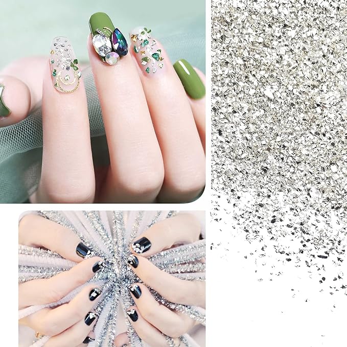 1 lb Crushed Glass Glitter for Crafts, DIY Nail Art, Vase fillers for Centerpieces Table Scatter, Irregular Chips, Wedding Decoration, Home Decor (Silver)