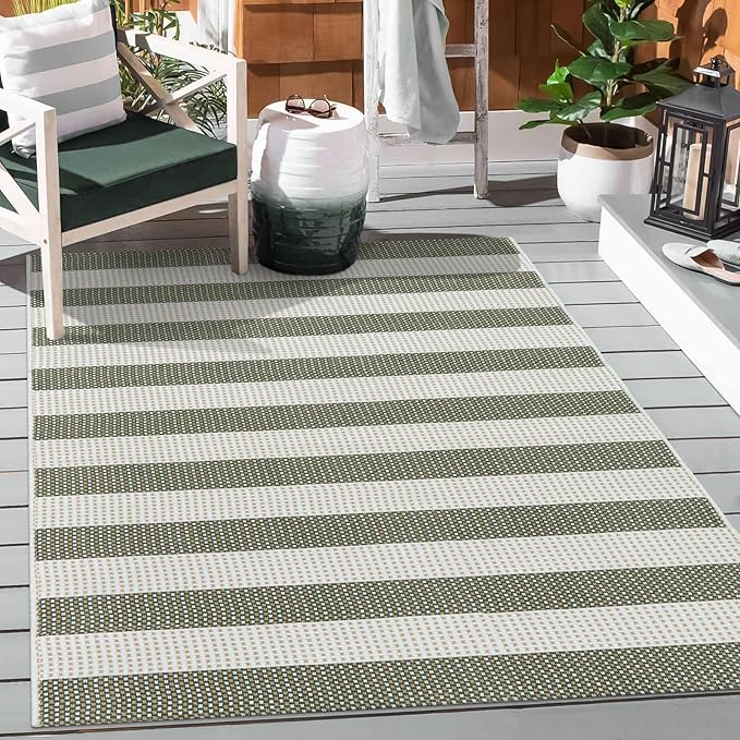 Striped Outdoor Rug 3x5, Boho Washable Front Porch Rug Cotton Hand Woven Outside Door Mats,Foldable Layered Doormat for Farmhouse/Entryway/Home Entrance(Green and White)