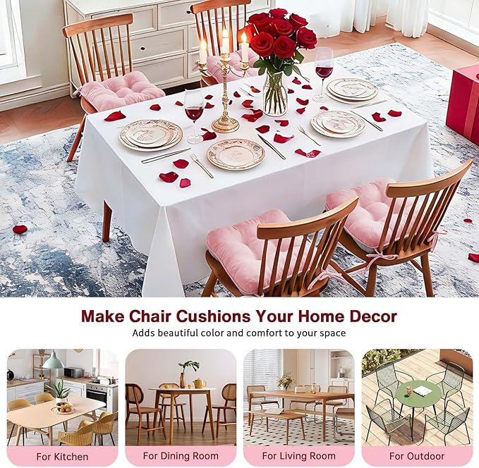 BETU Pink Chair Cushions for Dining Chairs Set of 4,3.5" Thick Kitchen Table Chair Pads with Ties,Non Slip Backing and Covers, Seat Cushion for Dining Room,Bar,Patio Chairs,16"X16"X3.5",Pink