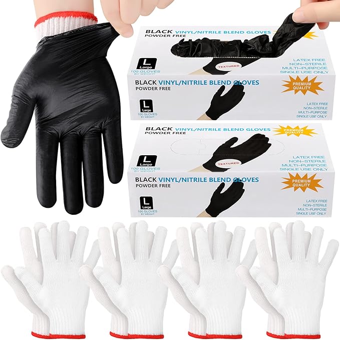 Janmercy 200 Pcs Disposable BBQ Nitrile Gloves with 4 Pairs Cotton Liners Grilling Cooking Cleaning Gloves for Smoker Meat(Large,Black, White)