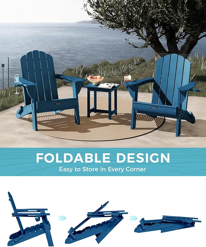 Adirondack Chairs Set of 2, HDPE Material Fire Pit Chairs, Plastic Adirondack Chairs with 2 Cup Holder, Outdoor Lawn Chair for Patio Garden, Navy Blue