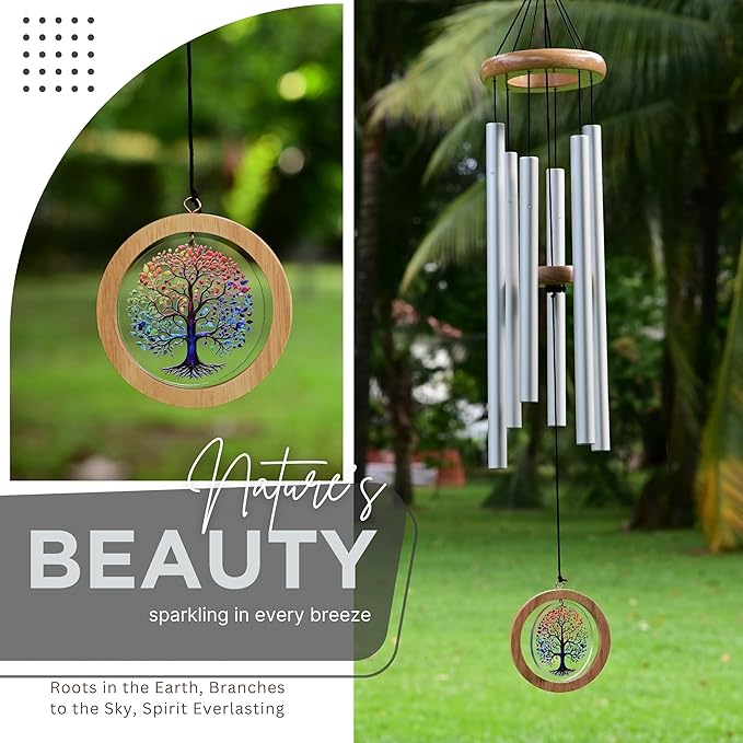 Wind Chimes for Outside, Wind Chimes Outdoor Clearance, Deep Tone Outdoors, Tree of Life Wind Chime, Memorial, Sympathy Gift, Patio, Porch, Home Décor, Modern, Acrylic Art, Silver (34" Tree of Life)