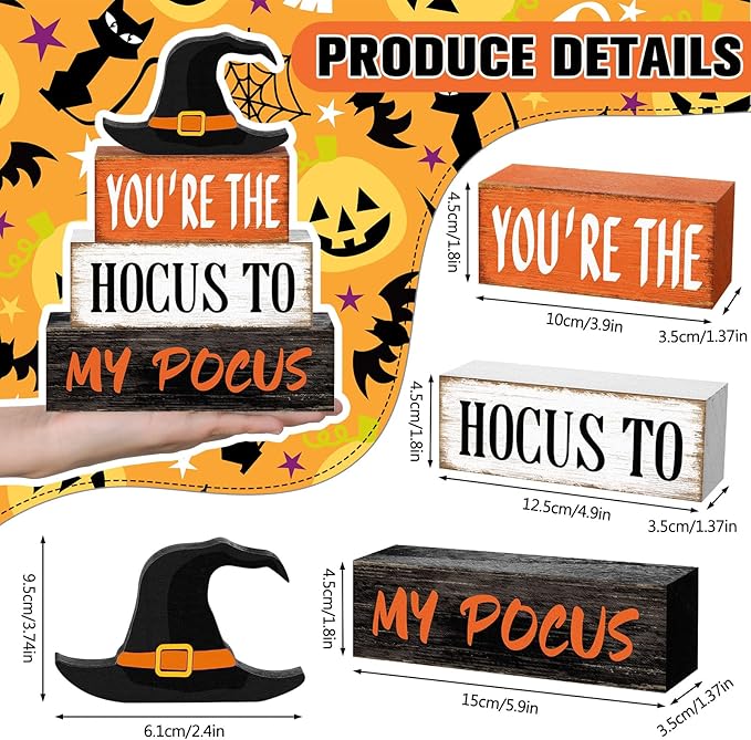 4 Pcs Halloween Hocus Pocus Table Decor Witch Hat Wooden Signs Distressed You're the Hocus to My Pocus Tabletop Centerpieces Witch Tiered Tray Decor Rustic Halloween Decorations for Home Desk