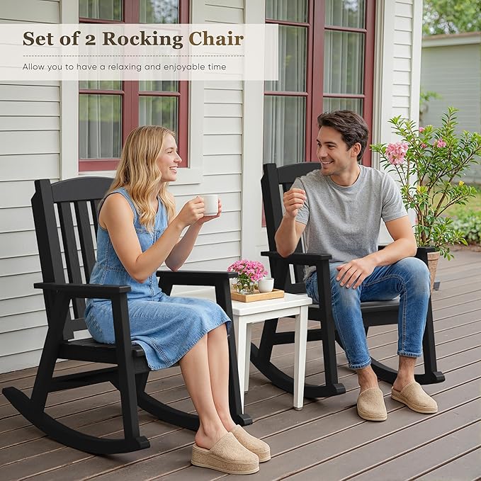 Greesum Outdoor Rocking Chair, 300lbs All-Weather Patio Rocker, Rust-Proof & UV-Resistant, Comfortable Smooth Glide for Deck, Porch, Lawn, or Garden, Black