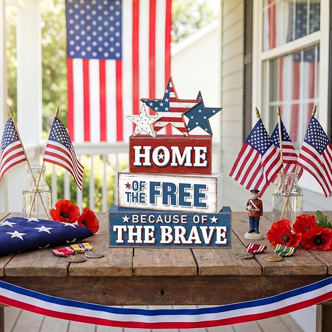 4 Pcs 4th of July Patriotic Table Decor Flag Star Wooden Sign Home of the Free Because of the Brave Block Red White Blue Tiered Tray Decor Rustic Tabletop Centerpiece for Home Desk Shelf Mantel
