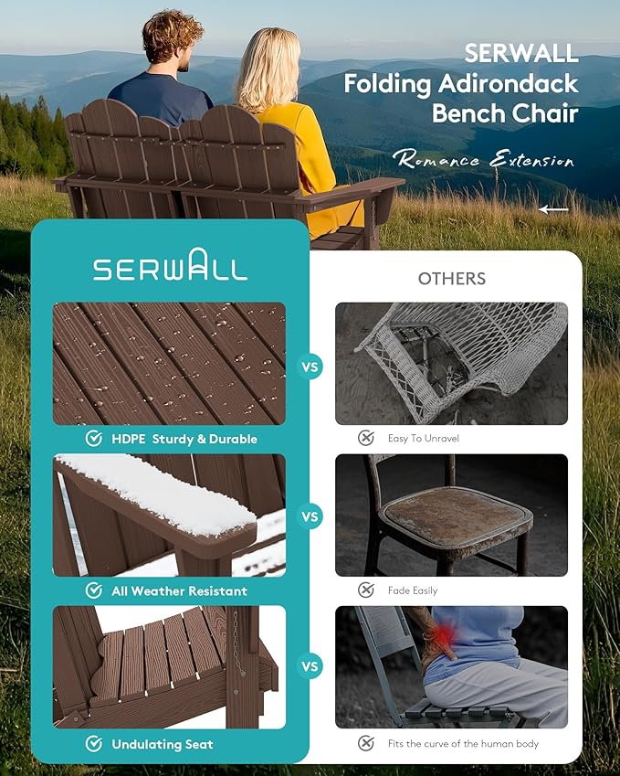 SERWALL Folding Adirondack Bench, HDPE All-Weather Adirondack Loveseat Set of 2, Coffee
