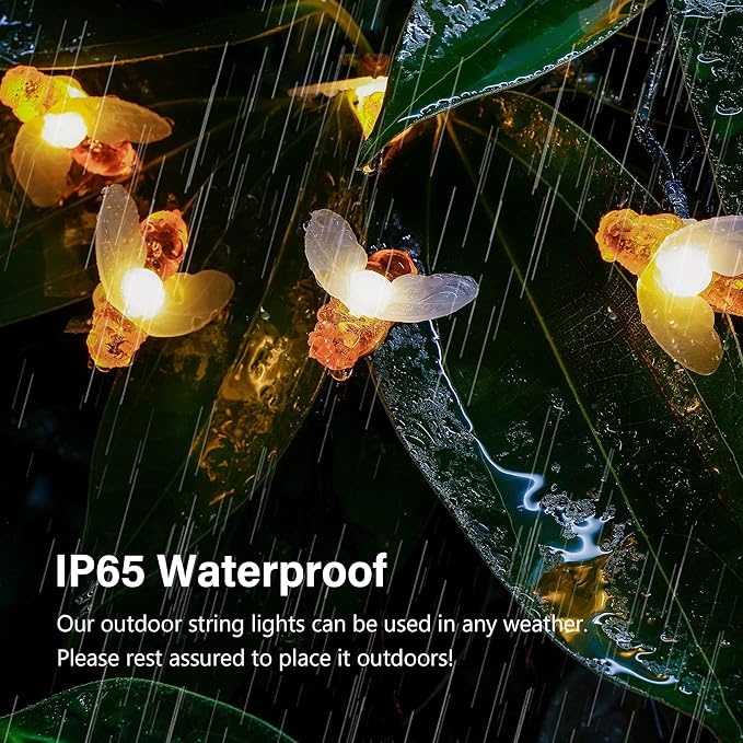Solar String Lights Outdoor, 2Pack 30LED Honey Bees Fairy Lights, 8 Modes Cute Bee Lights Waterproof for Garden Fence Patio Yard Tree Xmas Decorations,Warm White