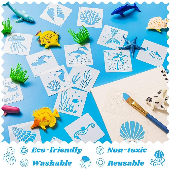 Fainne 100 Pcs 2 Inch Stencils Small Stencils for Painting on Wood Reusable Painting Templates Crafts for DIY Scrapbook, Wood, Wall, Fabric, Rock, Chalkboard, Sign(Marine Life)