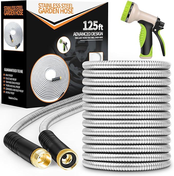 Garden Hose 125ft, Stainless Steel Heavy Duty Water Hose with 10 Function Nozzle Flexible, Lightweight, No-Kink, Pet Proof, Puncture Proof Metal Hose for Yard, Outdoor