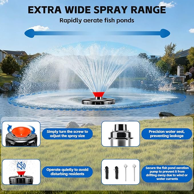 RAMATA Pond Fountain Aerator 1HP 750W 110V/15000 GPH Floating Fountain Pump, 120FT Power Cord, Multifunctional time Controller, Stainless Steel Body, Aerator Pump for Small & Large Ponds and Lakes