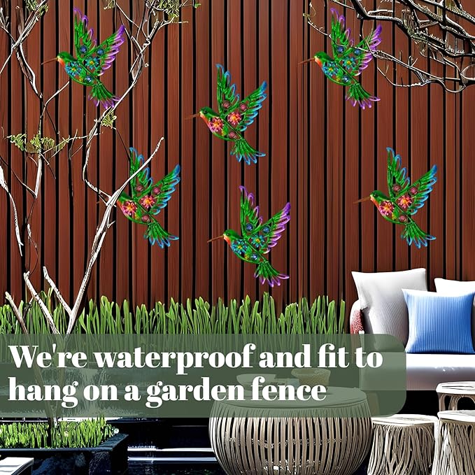 2 Pack Metal/Glass Hummingbird Wall Decor, 12.4" Outdoor Fence Wall Art Decor, Wall Sculpture Hanging Decoration Perfect for Garden Yard Living Room Bedroom Patio Balcony