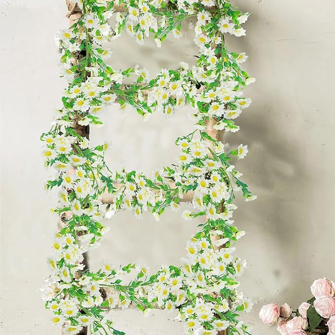 CISDUEO Artificial Daisy Flowers Vine Silk Wildflower Garland Spring Fake Flower Vine Hanging Ivy White Daisy Flowers Green Leaves for Wall Party Wedding Arch Floral Decor Home Indoor Outdoor Ceremony