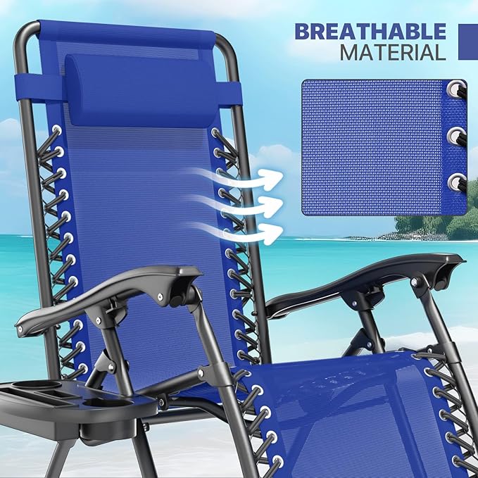 Magshion Zero Gravity Lounge Chair, Adjustable Folding Recliner with Cup Holder Side Tray & Removable Headrest Pillow, Portable Outdoor Patio Lounger for Camping, Beach, Lawn, Backyard, Blue