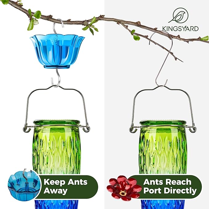 Kingsyard Hummingbird Feeders for Outdoors Hanging, 24 Ounce, Glass Hummingbird Feeder with Ant Moat & 6 Bee Guard Feeding Ports, Leak-Proof, Green & Blue