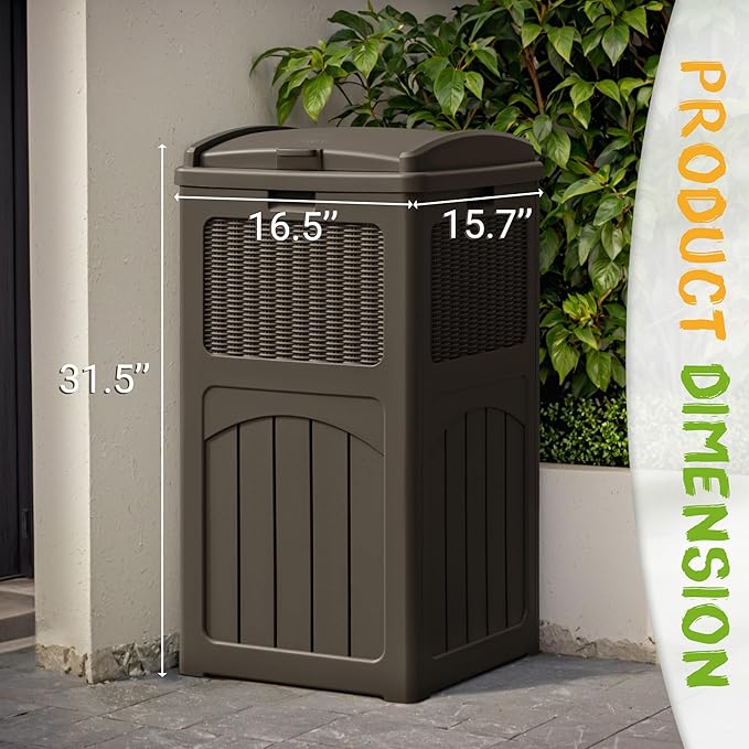 YESHOMY 33 Gallon Resin Outdoor Trash Can with Lid, Hideaway Waterproof Patio Garbage Bin, Dark Brown
