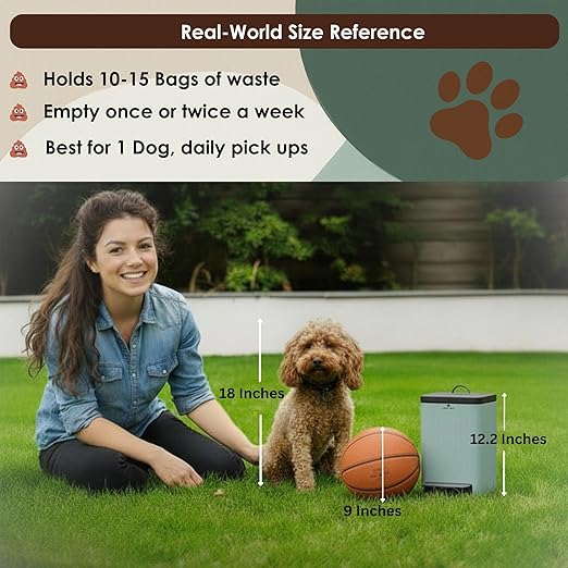 Small Dog Poop Trash Can Outside – 6L/1.6 Gallon Dog Small Trash Can with Lid, Odor-Locking Carbon Filter System, Hands-Free Stainless Steel Pedal, Easy-Clean Removable Bucket, Sage Green