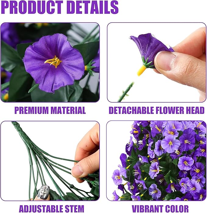 Sggvecsy Artificial Fake Hanging Flowers Plants Outdoor Outside Spring Summer Decoration 2PCS Faux Silk UV Resistant Morning Glory Trailing Vines for Home Porch Patio Balcony(Purple & Light Purple)