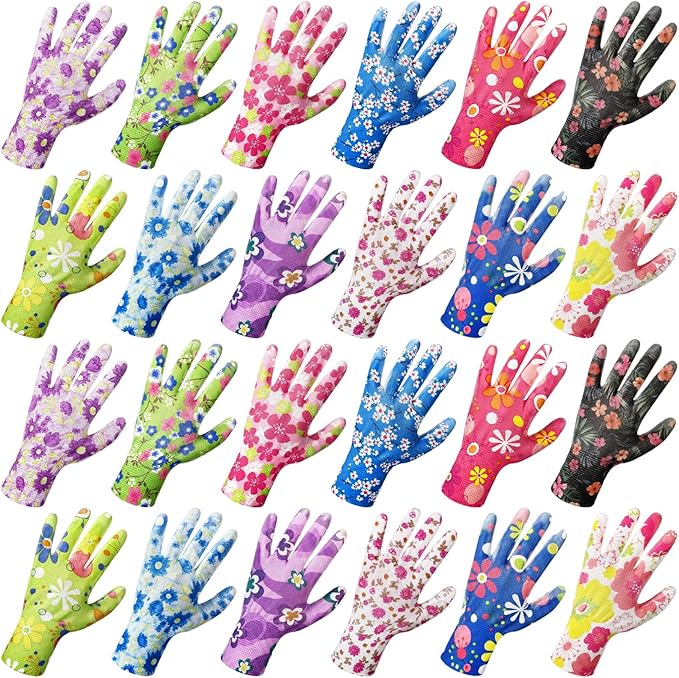 24 Pairs Gardening Gloves for Women PU Coated Breathable Non-slip Knitting Gloves for Gardening Planting Seeding