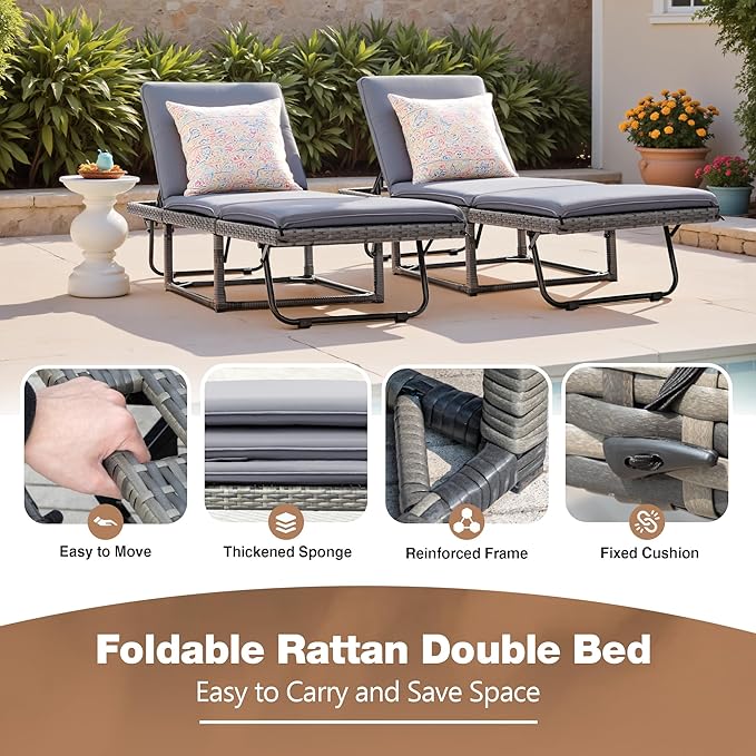 Devoko Lounge Chair Foldable Rattan Chaise Lounge 2-Pack, 5-Angle Adjustable Backrest Patio Chairs for Beach, Patio, Poolside (Grey)