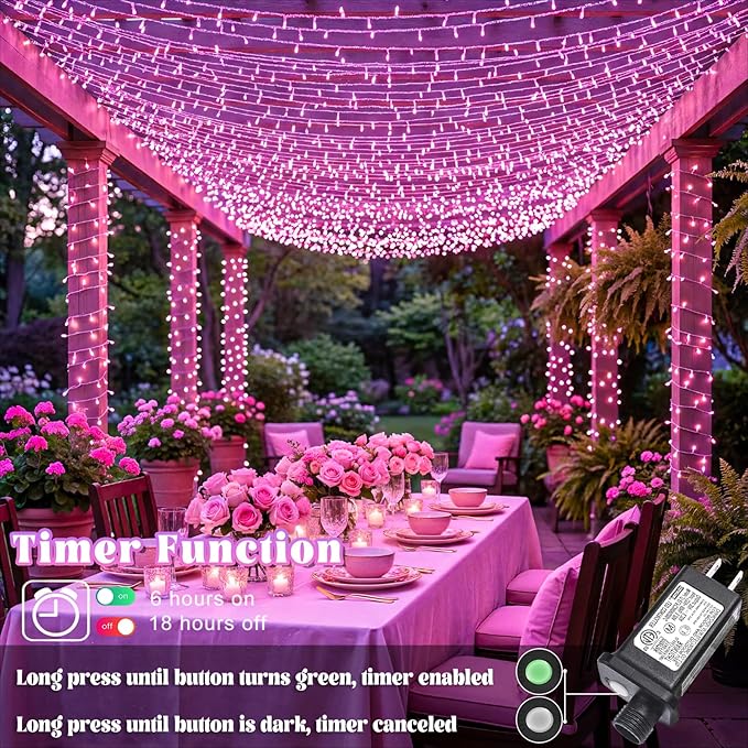 100FT 300 LED Outdoor String Lights, Connectable Pink Valentines Lights Waterproof with 8 Modes, Plug in Twinkle Fairy Lights Clear Wire for Indoor Bedroom Home Wedding Patio Decorations