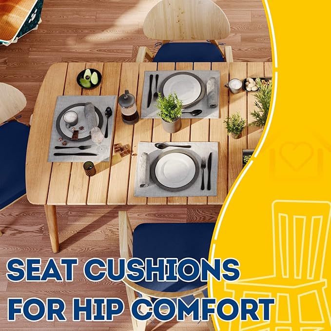 AAAAAcessories D-Shaped Chair Cushions, 2" Thick Dining Chair Pads with Ties and Removable, Machine-Washable Cover, 17" x 16", Blue