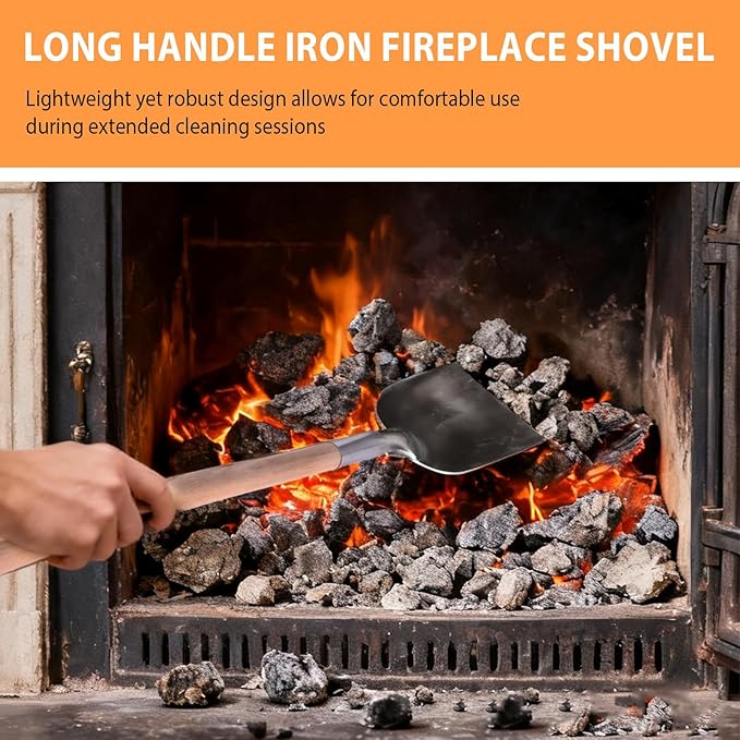 Long Handle Iron Fireplace Shovel, Wood Handle Ash Scoop for Garden, BBQ, Camping