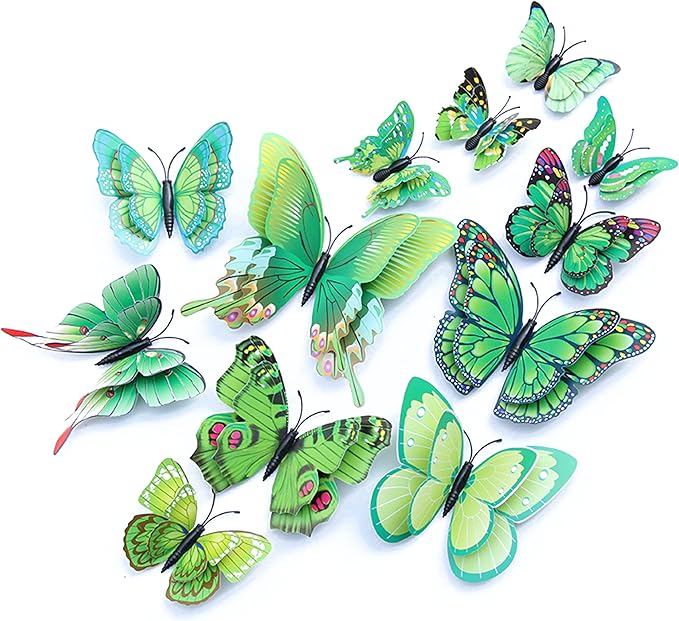 Butterfly Wall Decor 72 PCS, 3D Butterflies Stickers for Party Decorations with Magnets (Green, 72)
