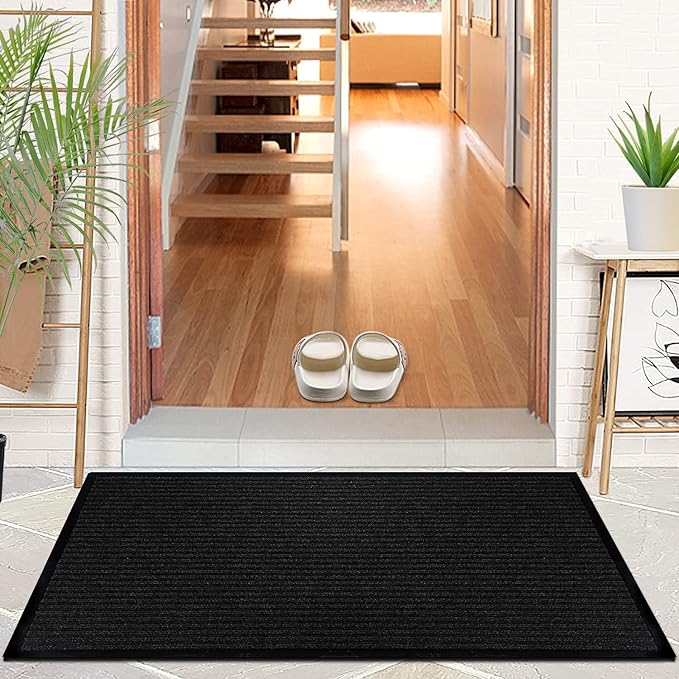 LuxUrux Durable Rubber Door Mat - Heavy Duty, Indoor/Outdoor, Easy to Clean, Waterproof, Low-Profile Entry Mat for Entry, Patio, Garage - High Traffic - 17'' x 30'', Striped Black Design