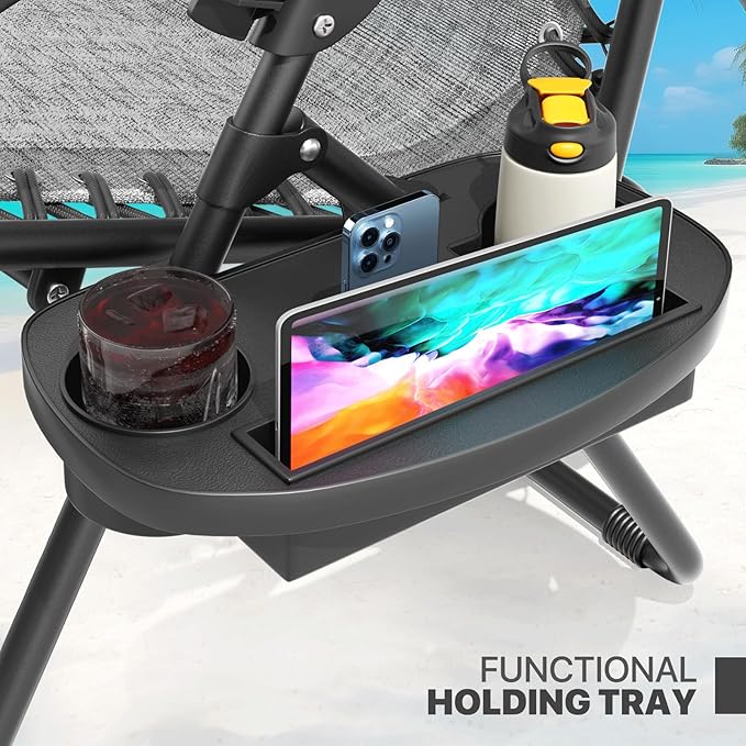 Magshion Zero Gravity Lounge Chairs Set of 2, Outdoor Patio Reclining Chair with Side Tray, Adjustable Anti-Gravity Recliners with Pillow Headrest, Folding Lounger for Lawn Camping Beach, Dark Grey
