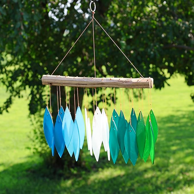 Blue Handworks Gradient Ocean Waterfall & Driftwood Glass Leaves Chime - Sandblasted Glass and Found Wood Handcrafted Wind Chime
