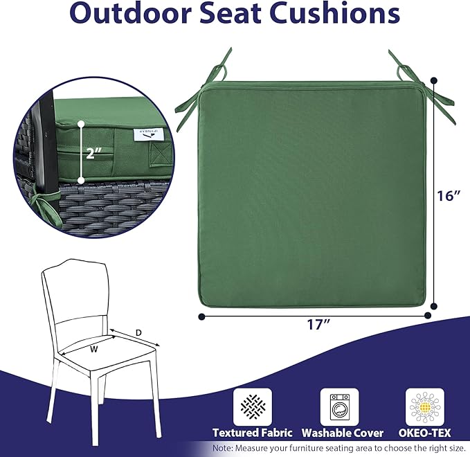 Outdoor Chair Cushions Set of 4,Waterproof Outdoor Seat Cushions for Patio Furniture,Patio Chair Cushion with Handle and Ties, Square Out Door Chair Pads,17" x 16" x 2", Forest Green