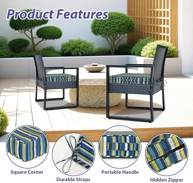 Outdoor Chair Cushions Set of 4,Waterproof Outdoor Seat Cushions for Patio Furniture,Patio Chair Cushion with Handle and Ties, Out Door Chair Pads,17" x 16" x 2", Blue Stripe