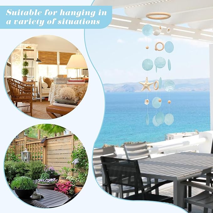 Sea Shells Wind Chimes - Handcrafted Blue Capiz Shells Windchime with Starfish, Coastal Style Decor for Indoor/Outdoors, Garden Decor, Great Gift for Women, Wind Chimes Lovers and More