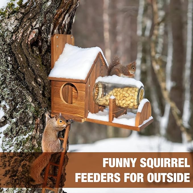 Squirrel Feeder with Ladder, Wood Squirrel Feeders for Outside, Funny Squirrel House with Nut Peanuts Storage Bottle and Corn Cob Holder, Easy to Install