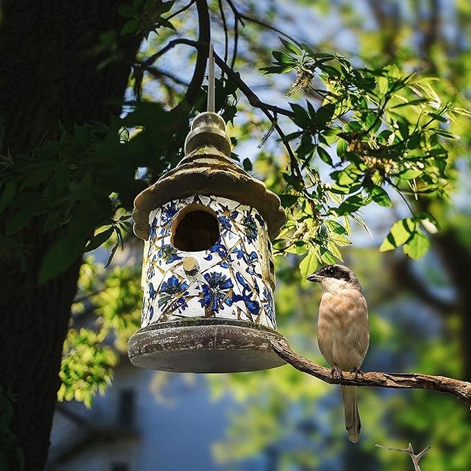 Bird House for Outdoor with Pole Garden Decor Hanging Birdhouses Weatherproof BirdNest for Outside Bluebird, Finch, Wren, Chickadee, Wild Birds Big Size Resin White Bule