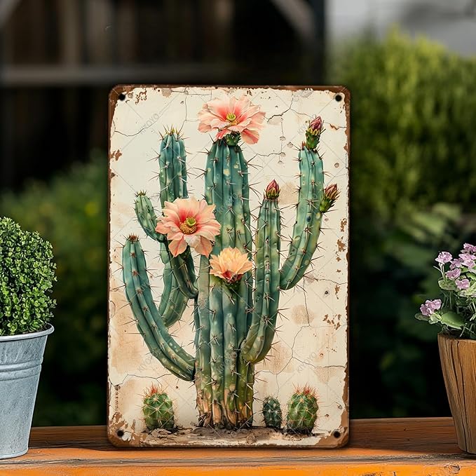 Vintage Tin Sign Cactus Wall Art Cacti Art Wall Sign Decor for Home Kitchen Garage Outdoor Yard Farmhouse 16x12 Inch