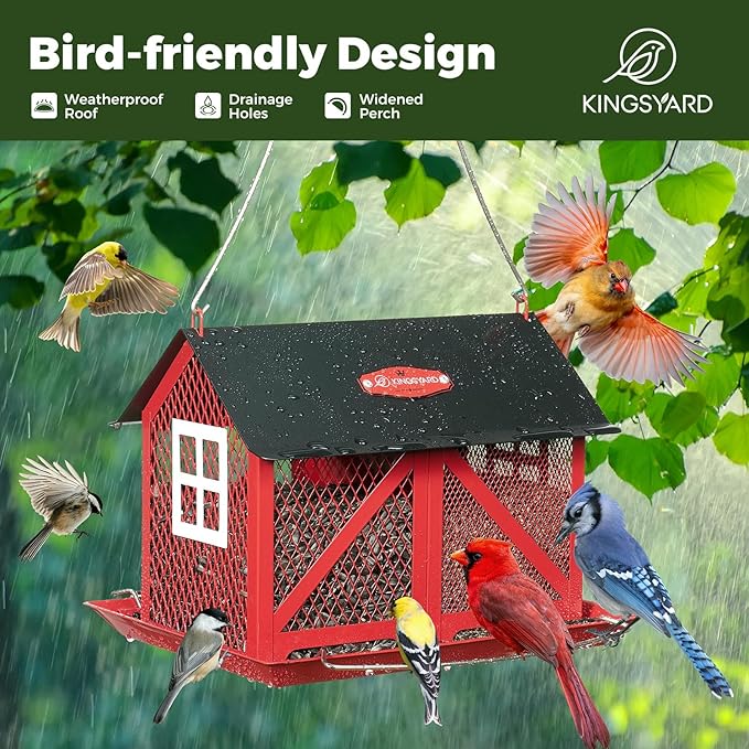 Kingsyard Metal Bird Feeder for Outdoors Hanging, 2-in-1 Wild Bird Feeder with Seed Tray & Built-in Perch, 5 lb Large Capacity for Cardinal Chickadee Finch, Red