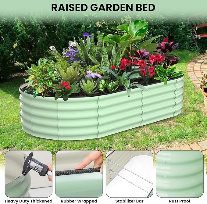 2 Pcs 6x3x1 ft Oval Galvanized Raised Garden Beds, Metal Planter Boxes with Open Base, Tool-Free Assembly for Vegetables, Flowers, Herbs - Outdoor & Patio Use, Green