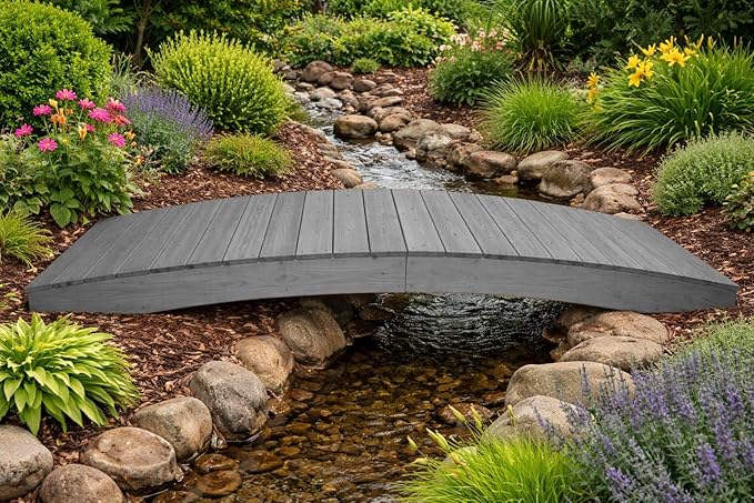 10 FT Grey Amish Made Pinewood Heavy Duty Garden Bridge for Walkway, Backyard Pond & Landscaping, Outdoor Wooden Footbridge for Koi Pond, Japanese Style Decorative Bridge, Made in USA