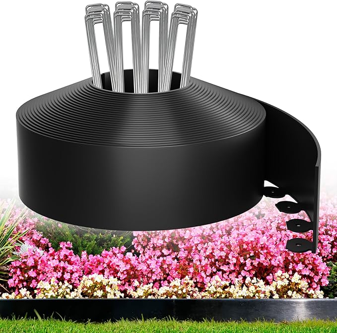 4in Tall,66ft Landscape Edging Kit with 100pcs Metal Spikes,Reinforced Rib Design,Not Digging Flexible Plastic Edge Border for Landscape, Lawn,Garden,Flower Beds,Yard,Paver,Playground, Fence,Pathway