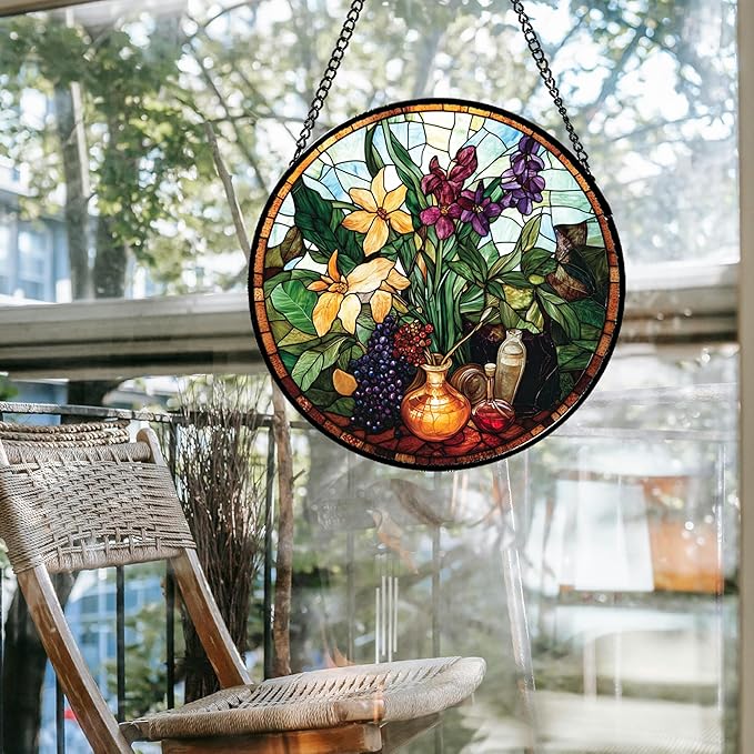 Stained Glass Window Hanging Berry Plant Purple Yellow Flowers in Vase Large 15" - Suncatcher Door Garden Sun Catcher Home Decor Birthday Christmas for Mom Men Woman Nana