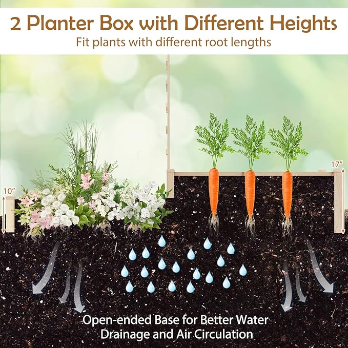 Giantex Wooden Raised Garden Bed with Trellis & 2 Planter Boxes, Raised Bed for Vegetables Flowers Vine Fruits Herbs Gardening Planting, Outdoor Garden Box for Patio Backyard Lawn